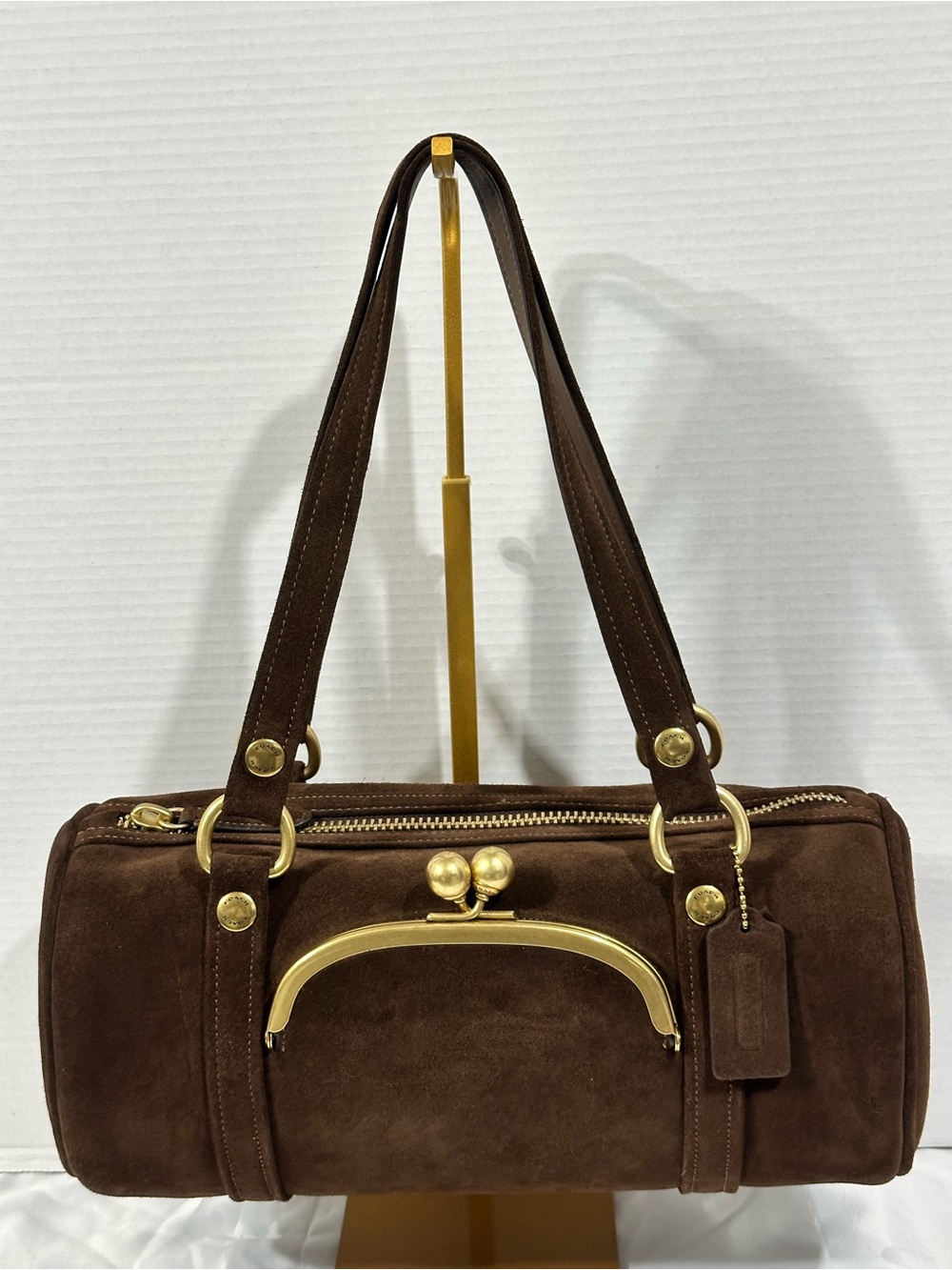 Coach Runway Suede Kisslock Barrel in Chocolate with Brass Hardware
